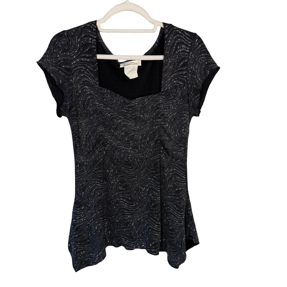 Tradition Black Metallic Swirl Short Sleeve Top Size 10 Vintage Y2K Dressy